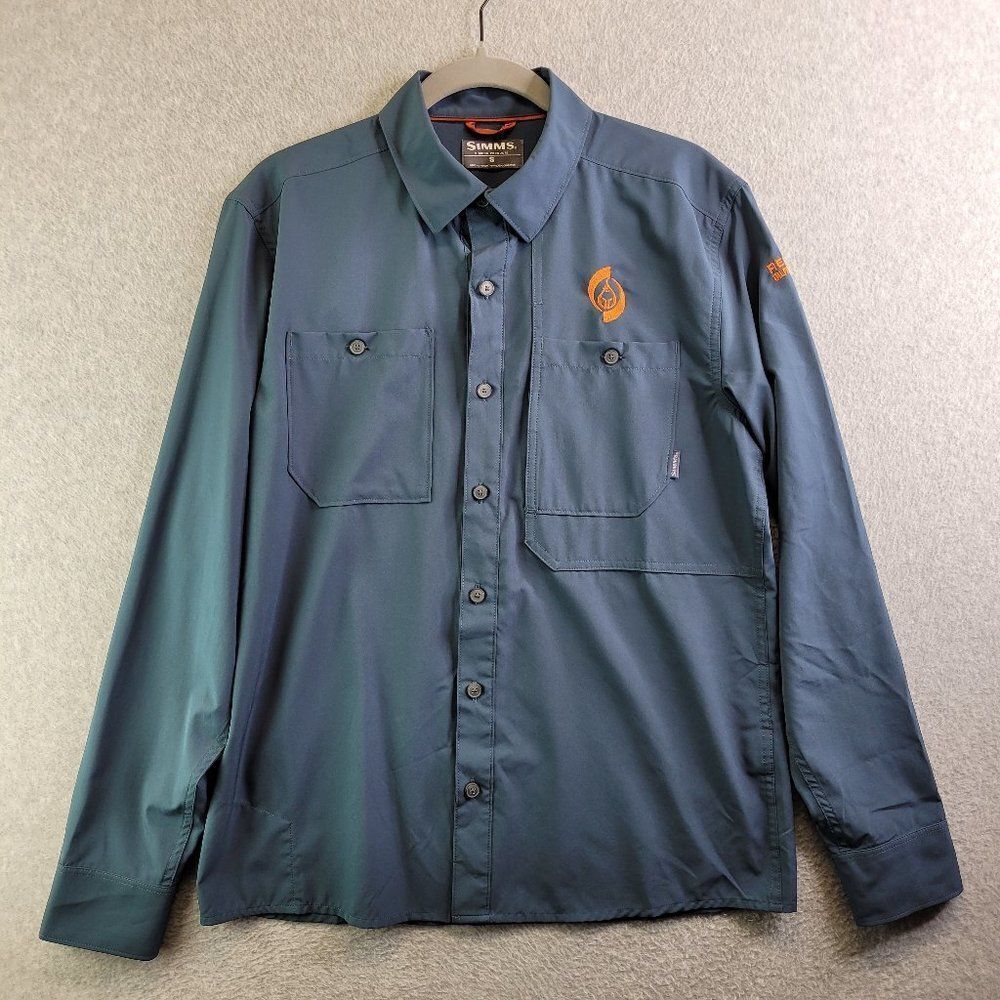 Simms Fishing Shirt Mens Small Blue Glasses Cloth Chest Pockets Workwear Boating